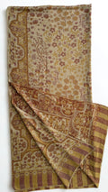 Sand Kani pashmina shawl laid flat, rose and ochre flowering sprays framed by a scalloped border with a striped colonnade end panel