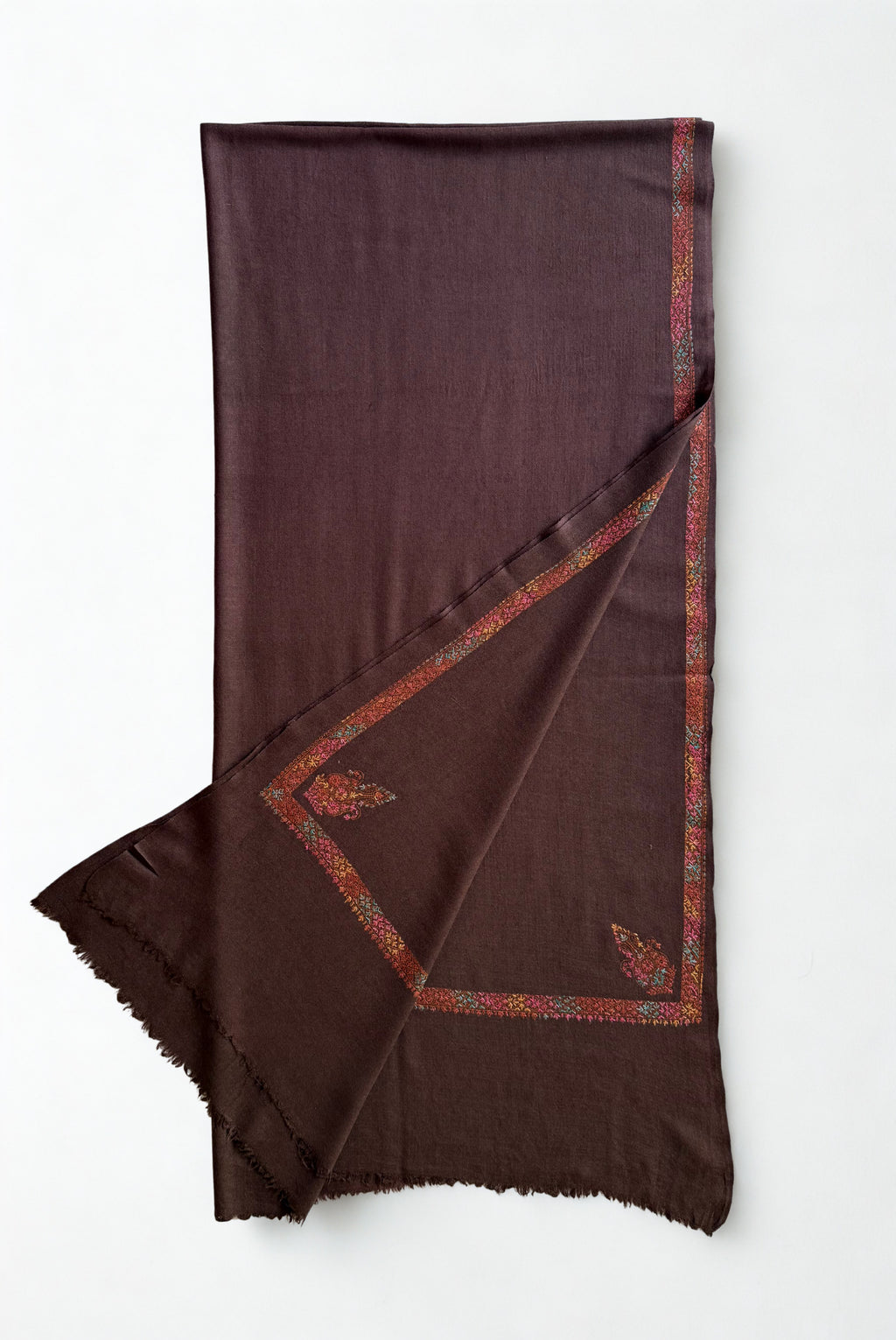 Espresso brown Swati Shahtoosh shawl folded flat, fine multicoloured hand-embroidered border with a paisley corner buta
