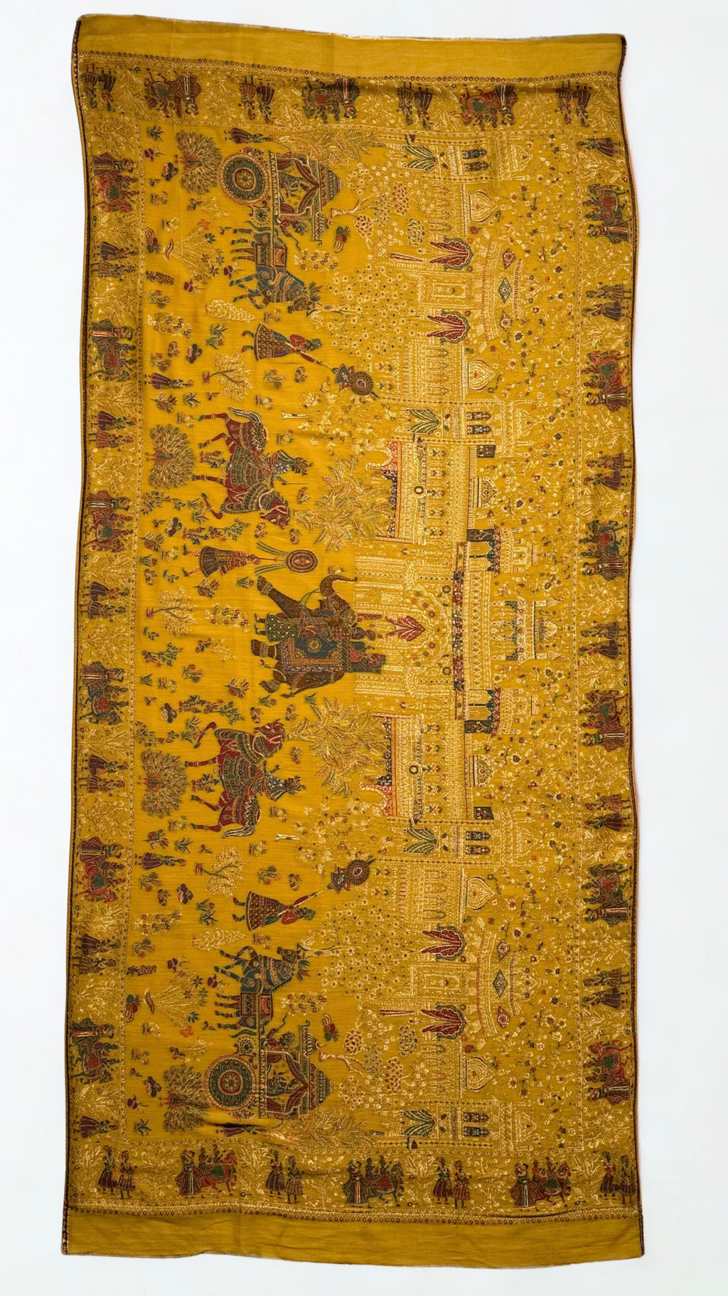 Mustard and gold Mughal court Kani pashmina shawl spread out, showing the full procession scene and figured border on all four sides