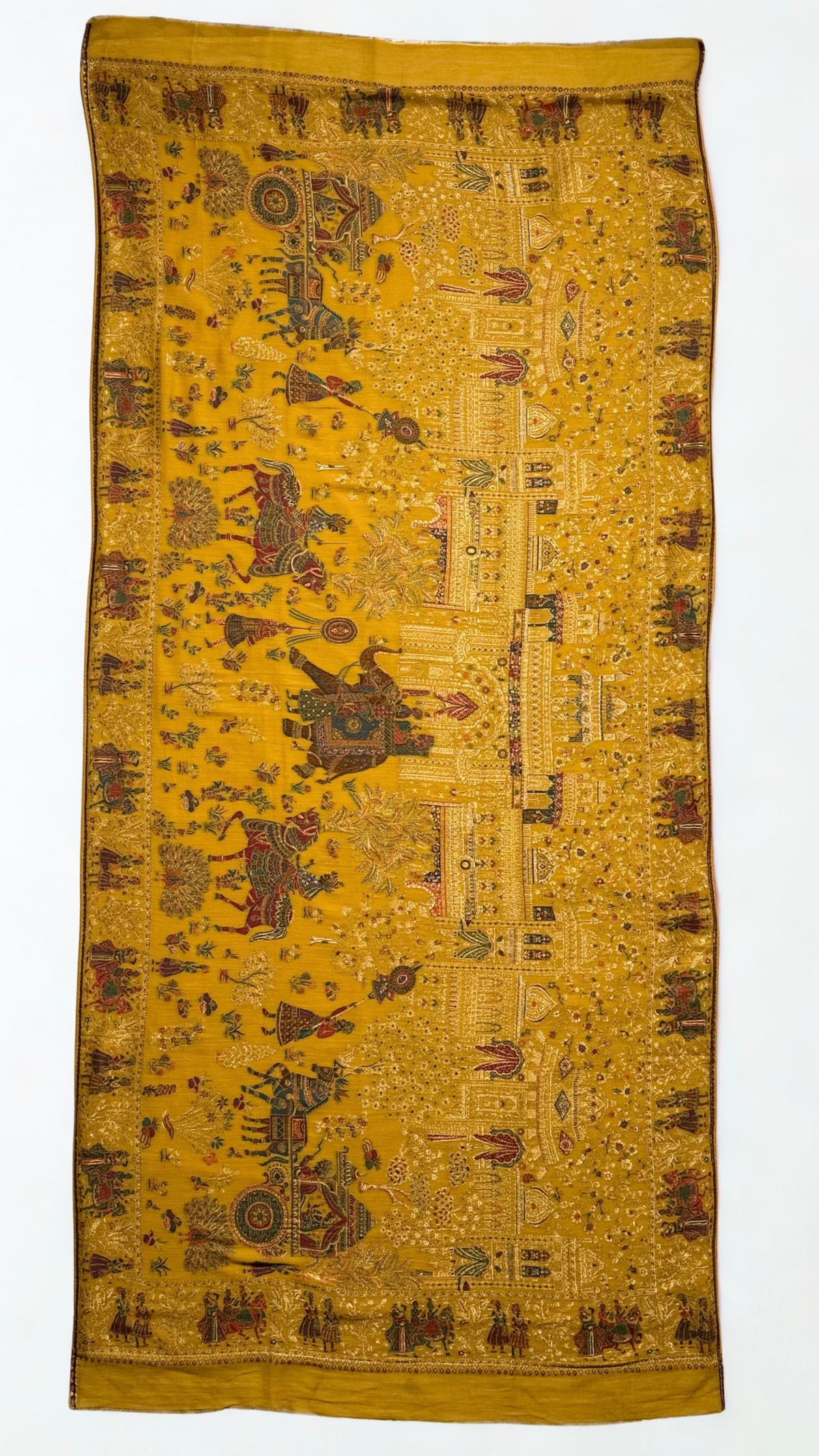 Mustard and gold Mughal court Kani pashmina shawl spread out, showing the full procession scene and figured border on all four sides