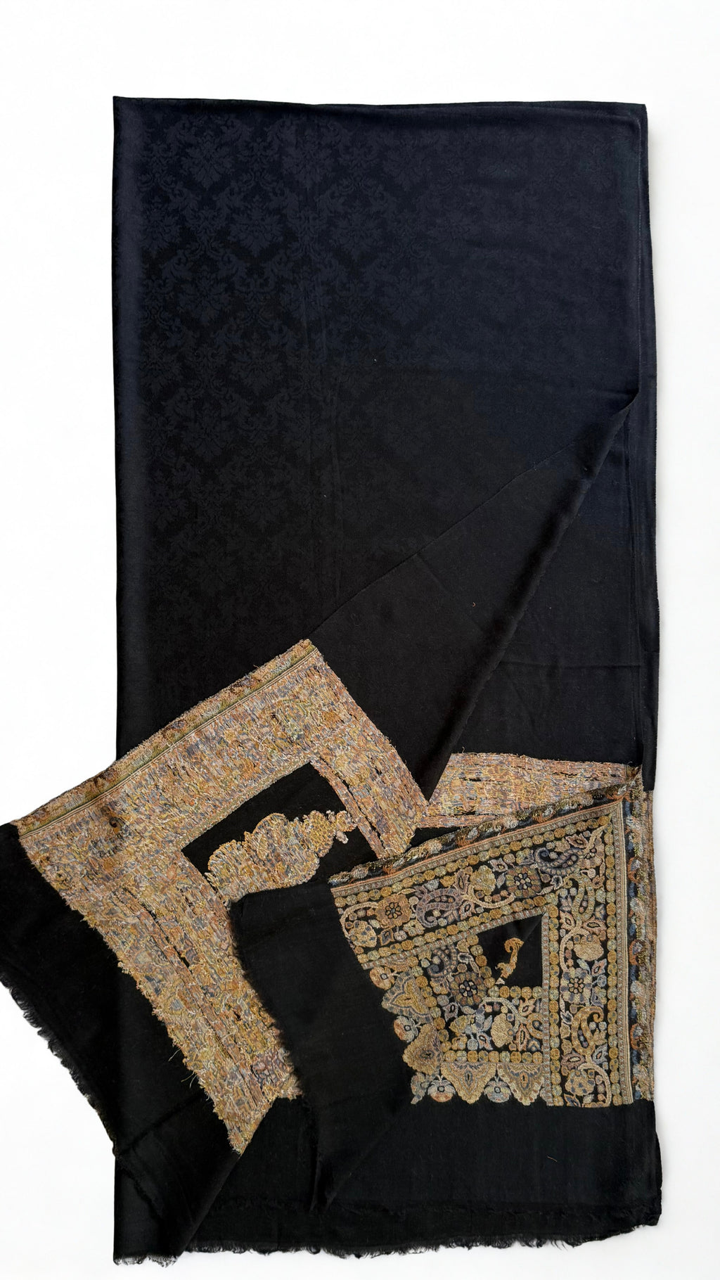 Black fine pashmina ek rukh ring (Palladar) shawl with old gold framed end panels, swirled