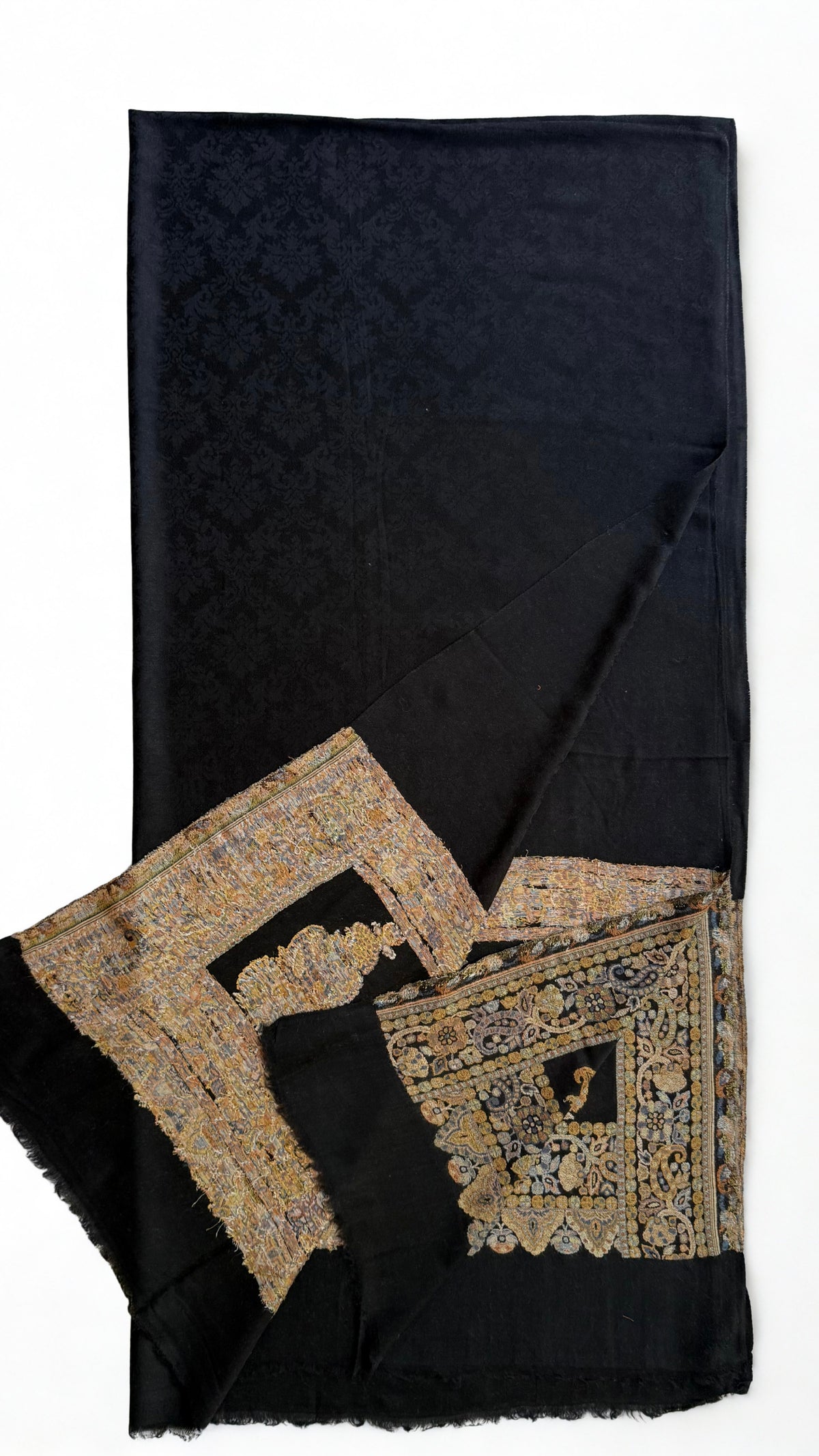 Black fine pashmina ek rukh ring (Palladar) shawl with old gold framed end panels, swirled