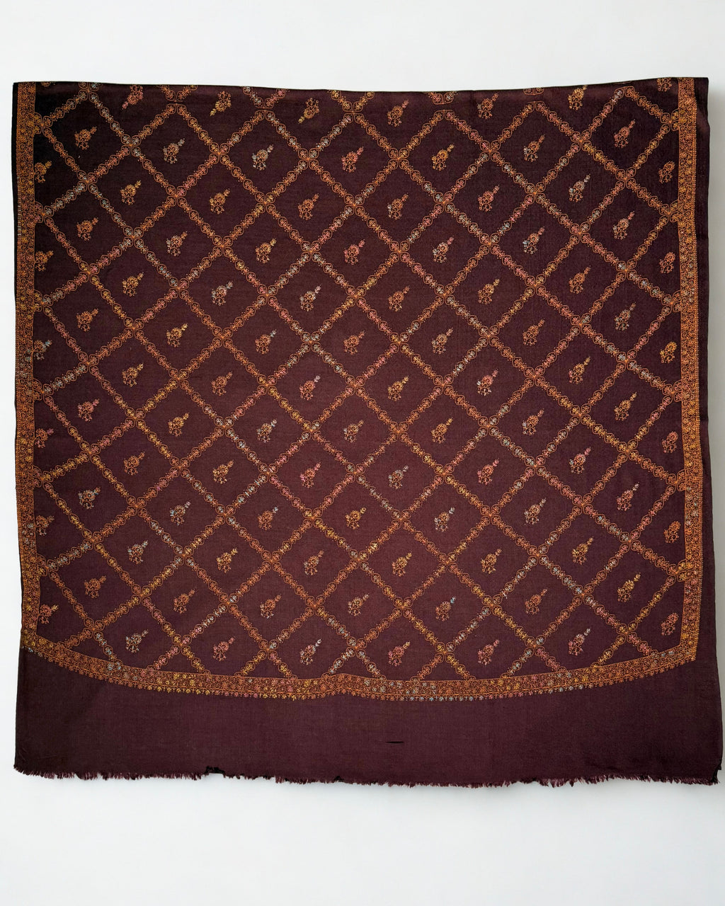 Wine Swati Shahtoosh shawl opened flat, copper jaal covering the entire field inside a wide border