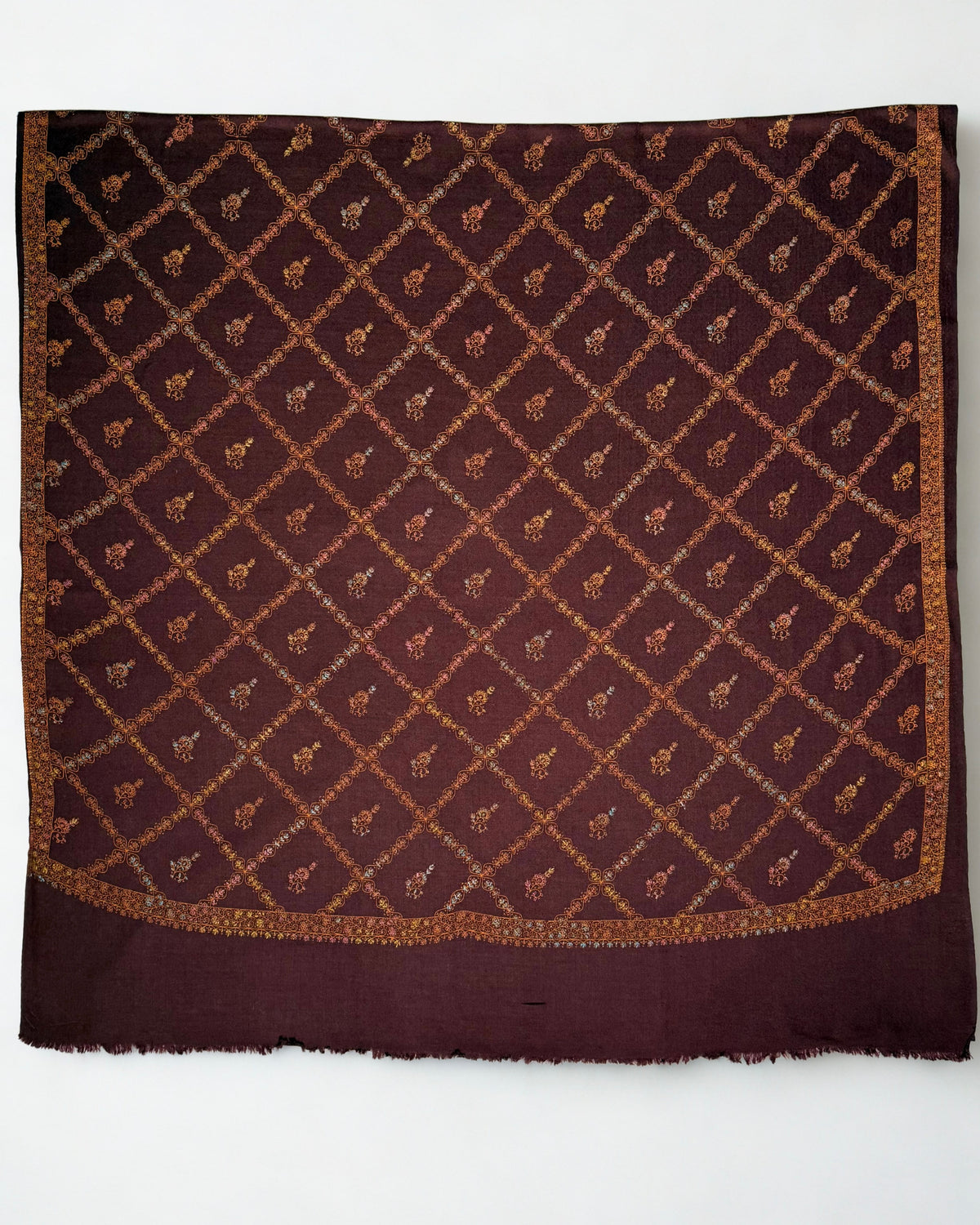 Wine Swati Shahtoosh shawl opened flat, copper jaal covering the entire field inside a wide border