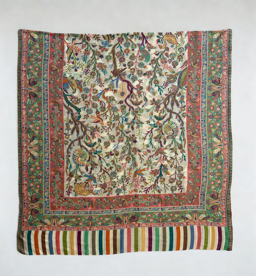 Detail of the woven borders and multicoloured striped end panels on an ivory Kani shikargah pashmina shawl
