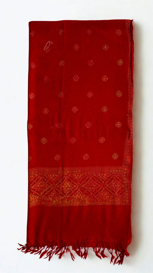 Pashmina woollen fully embroidered shawl in rich red, hand-embroidered pashmina, view 2