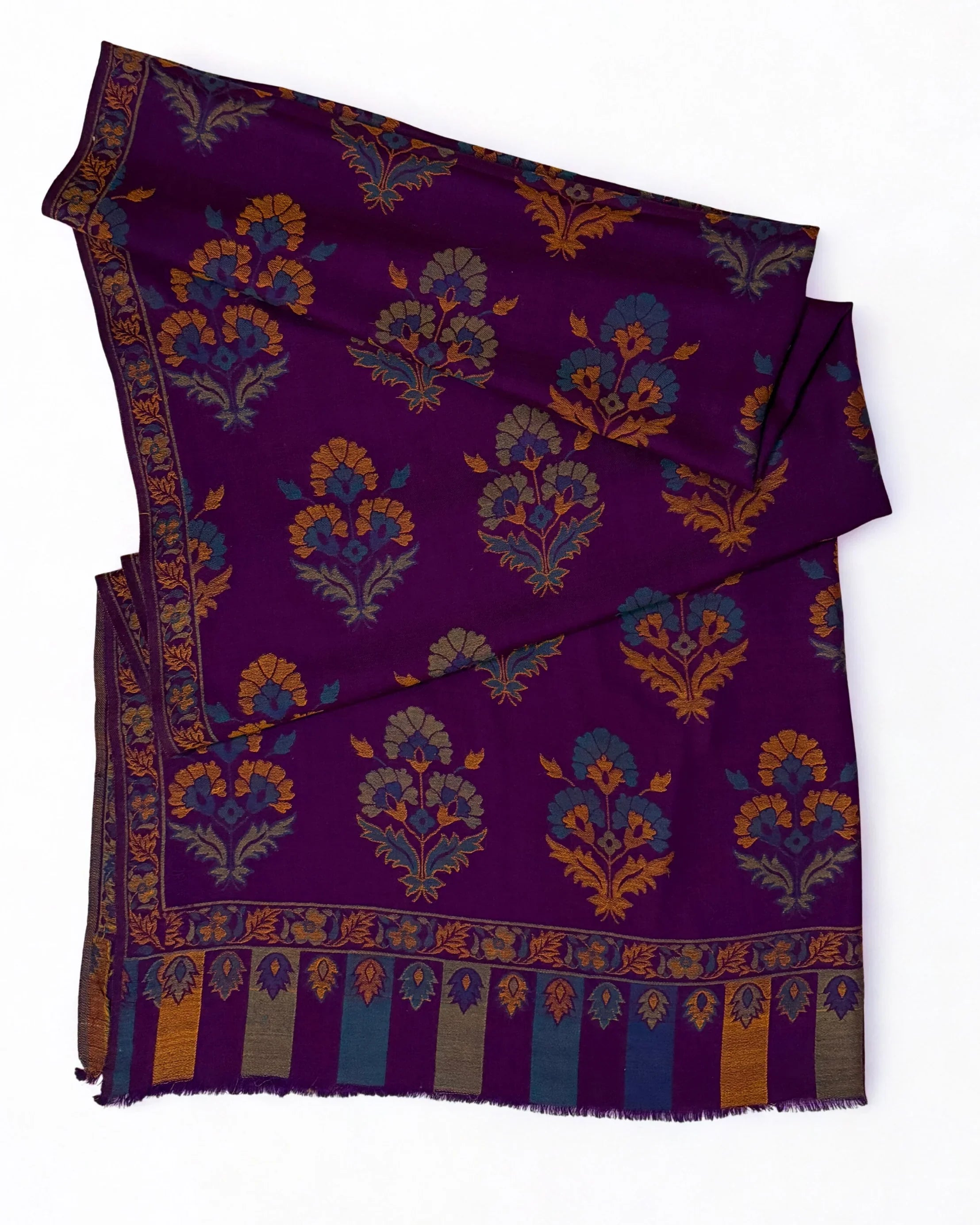 Pure Kashmiri Pashmina Kani shawl in deep magenta, handwoven Kani pashmina, view 3