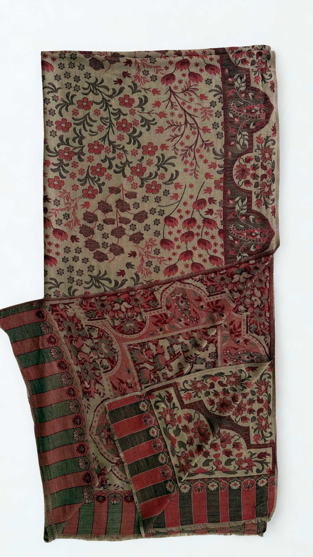 Taupe and rosewood Kani pashmina shawl folded lengthwise, showing the scalloped side border and striped end