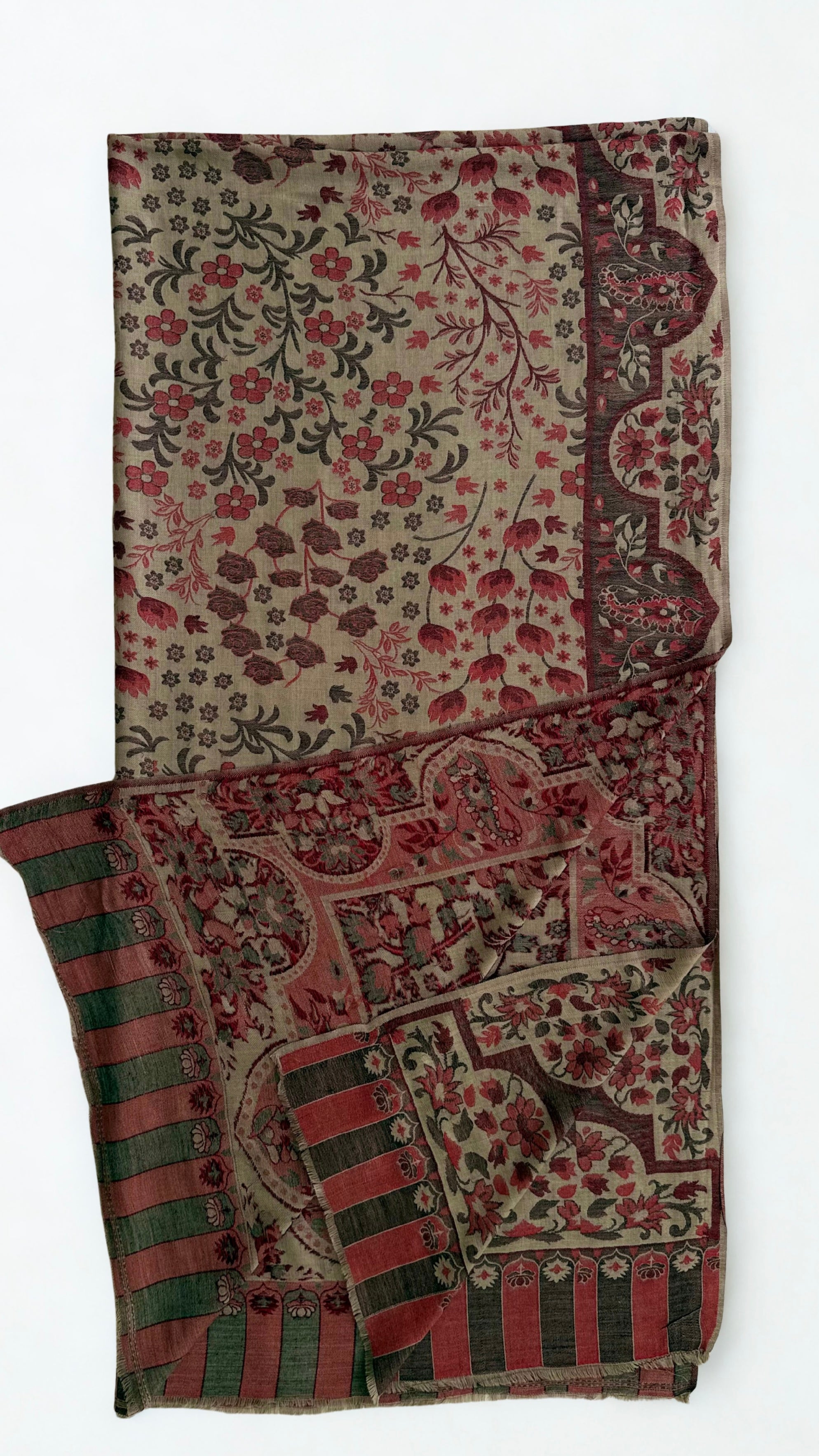 Taupe and rosewood Kani pashmina shawl folded lengthwise, showing the scalloped side border and striped end