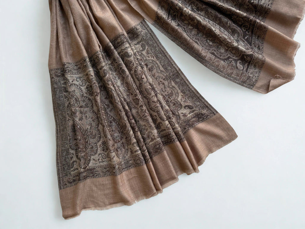 Fine Pashmina Ring Palladar shawl in taupe, handwoven pashmina ring shawl, view 3