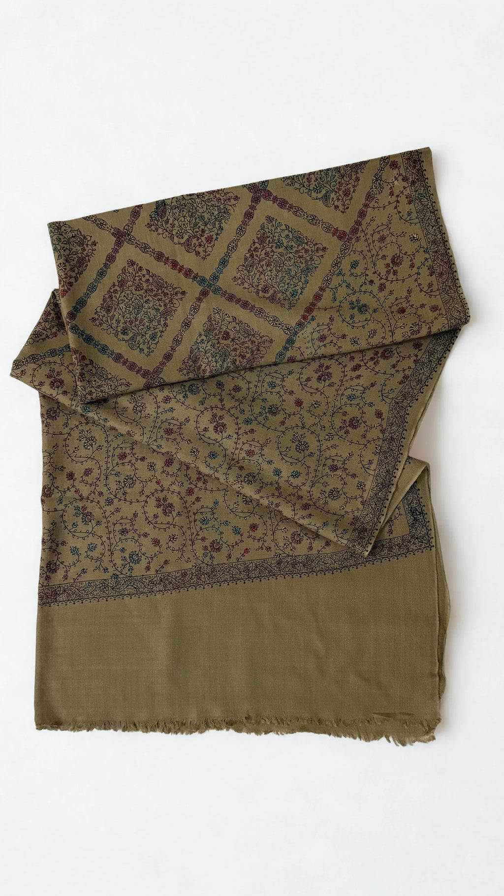 Swati Shahtoosh fully embroidered shawl in khaki, hand-embroidered Swati pashmina