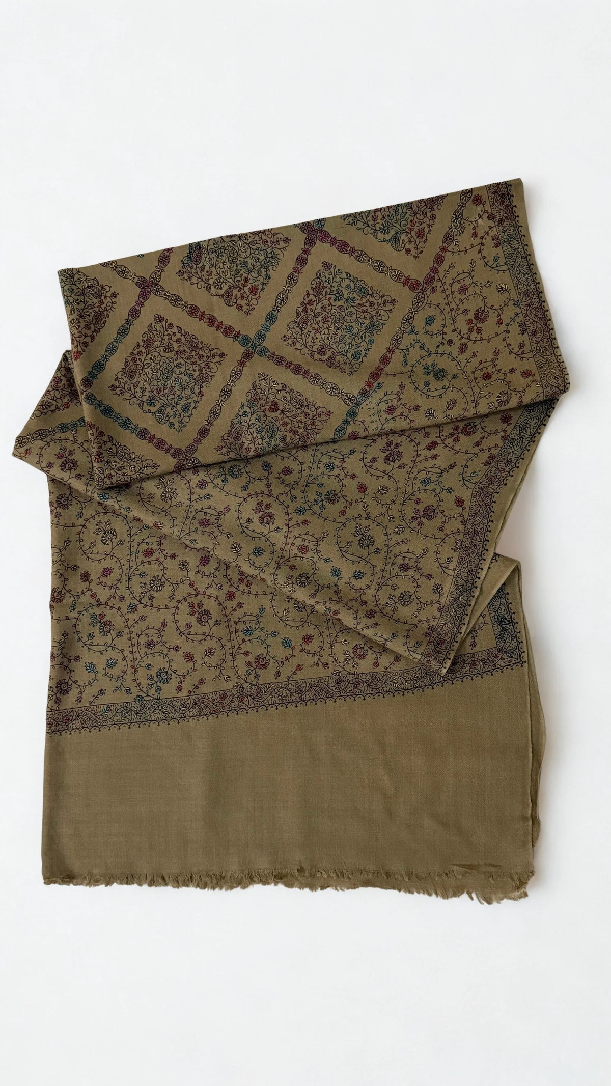 Swati Shahtoosh fully embroidered shawl in khaki, hand-embroidered Swati pashmina