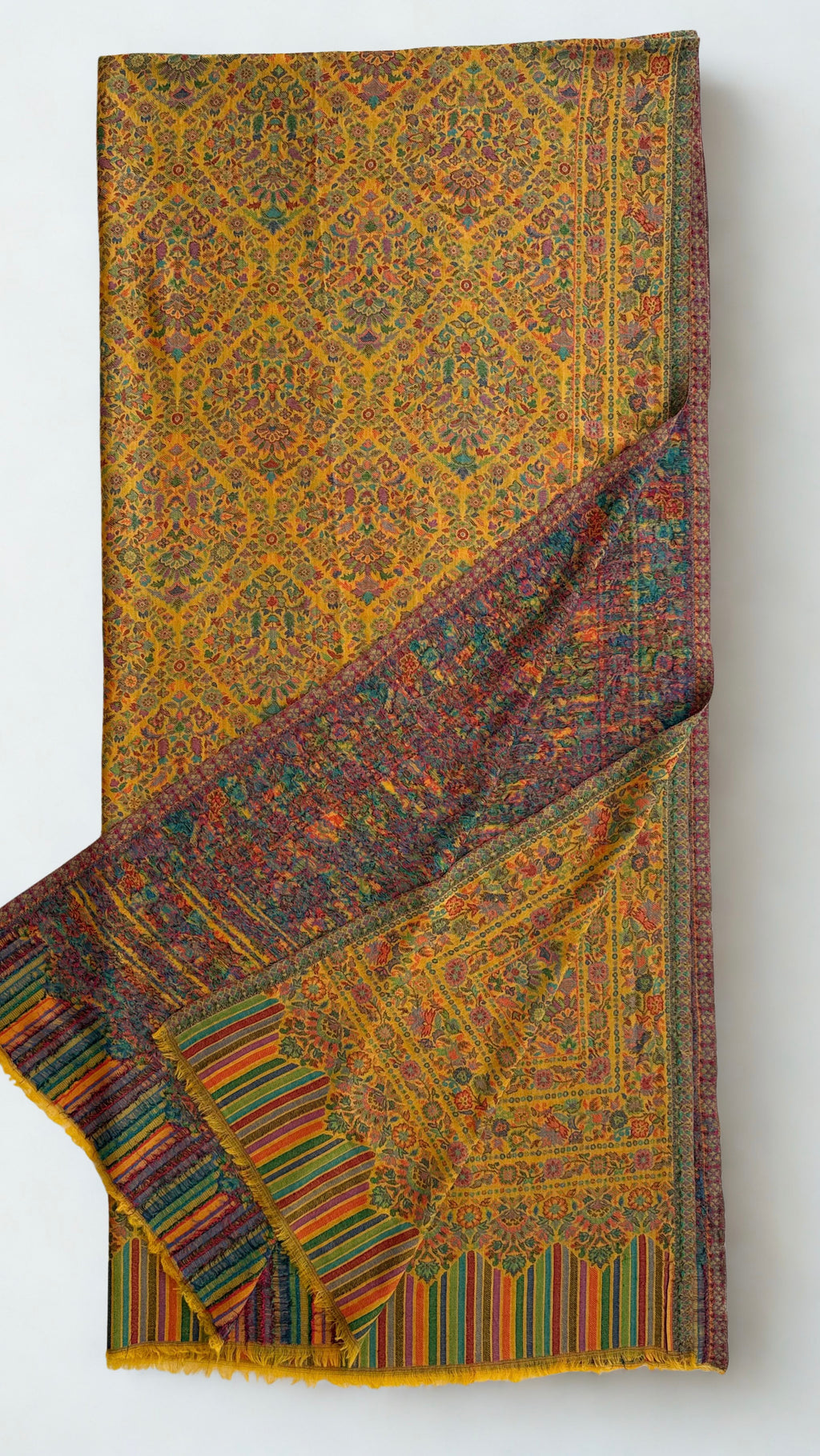 Marigold jamawar pashmina shawl laid flat, all-over lattice of flowering medallions with a striped end panel beneath a row of arches