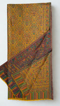 Marigold jamawar pashmina shawl laid flat, all-over lattice of flowering medallions with a striped end panel beneath a row of arches