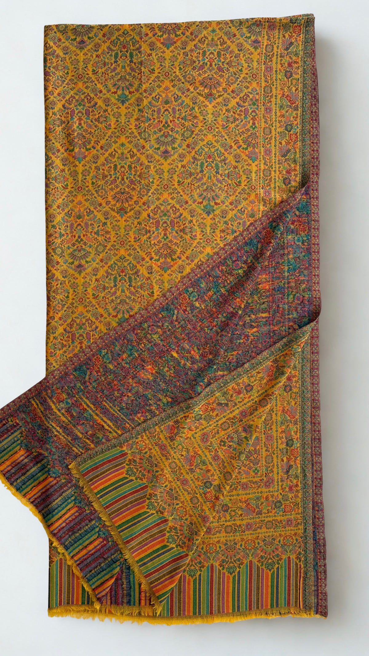 Marigold jamawar pashmina shawl laid flat, all-over lattice of flowering medallions with a striped end panel beneath a row of arches