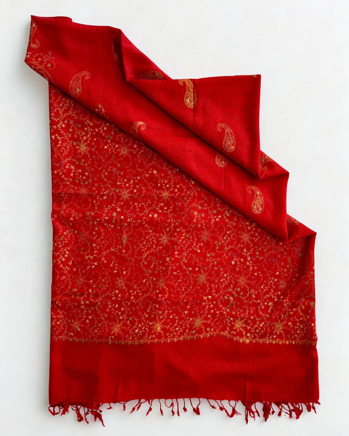 Pashmina woollen fully embroidered shawl in deep red, hand-embroidered pashmina, view 2
