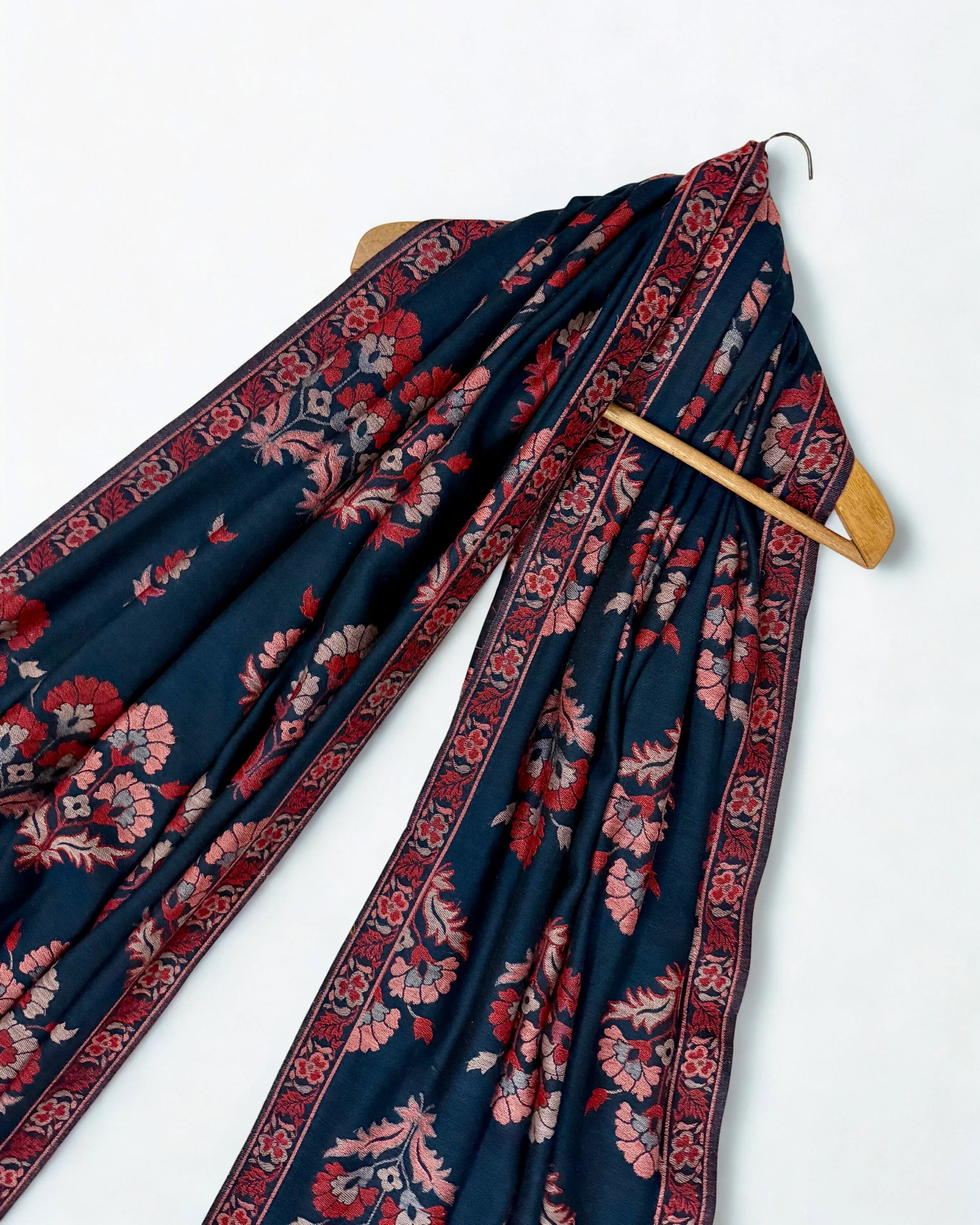 Pure Kashmiri Pashmina Kani shawl in navy blue, handwoven Kani pashmina, view 2