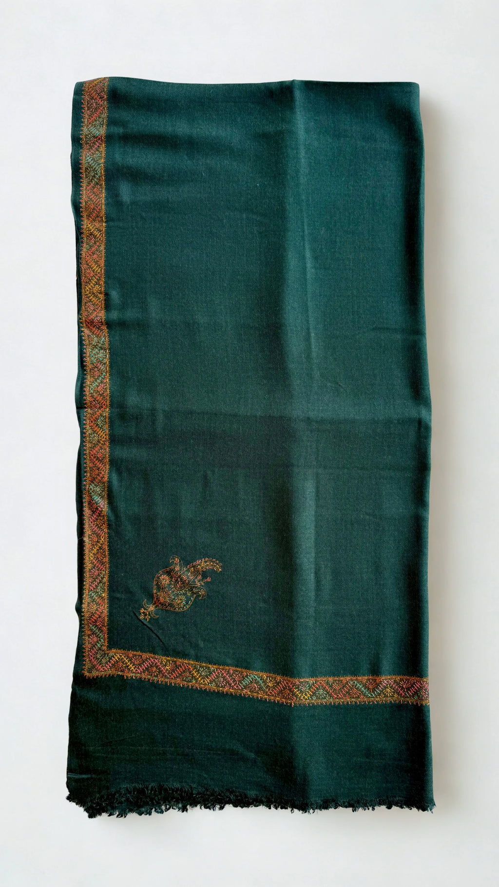 Swati Shahtoosh thinly embroidered shawl in teal green, hand-embroidered Swati pashmina, view 3