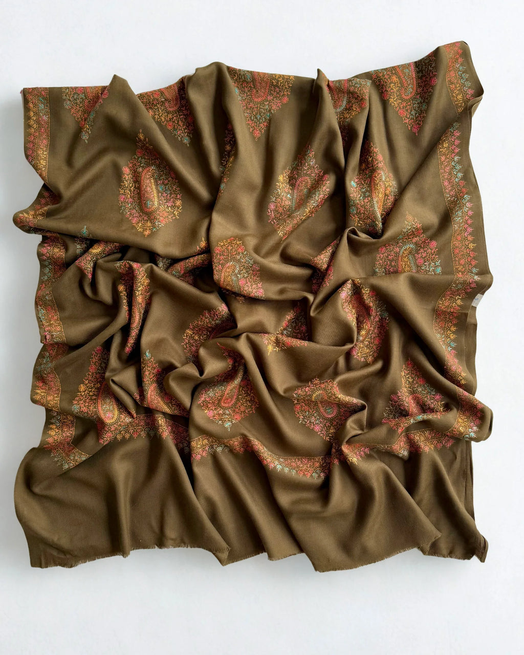Pure Kashmiri Pashmina handwoven shawl in olive brown, view 5