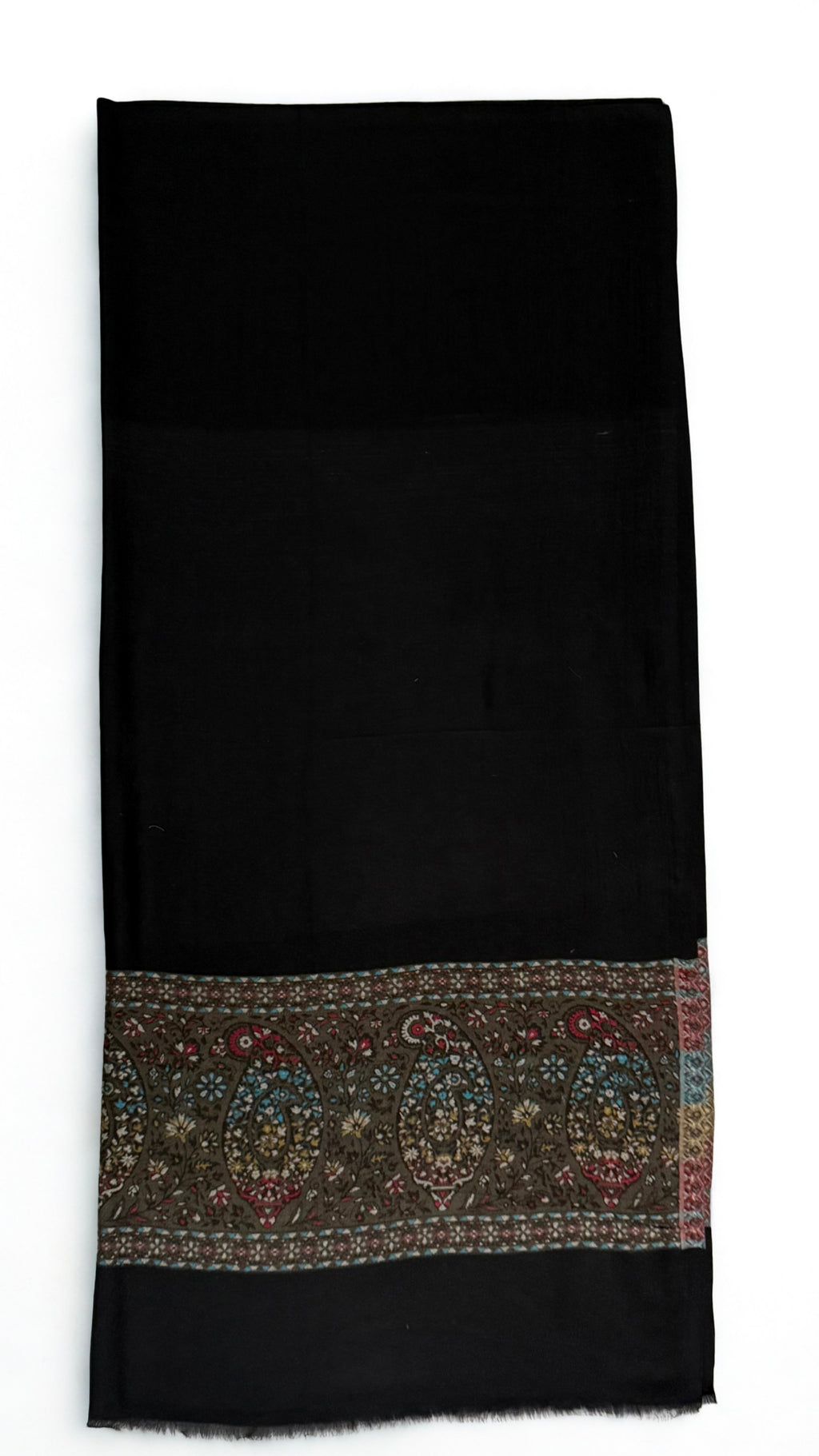 Black fine pashmina ek rukh ring (Palladar) shawl with a deep olive-ground paisley band, laid flat