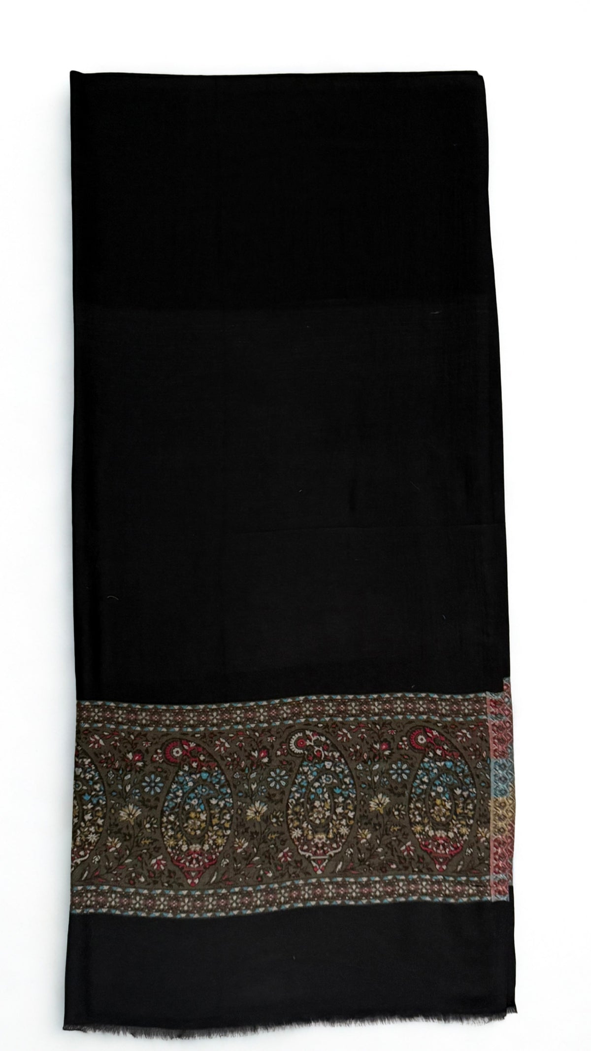Black fine pashmina ek rukh ring (Palladar) shawl with a deep olive-ground paisley band, laid flat