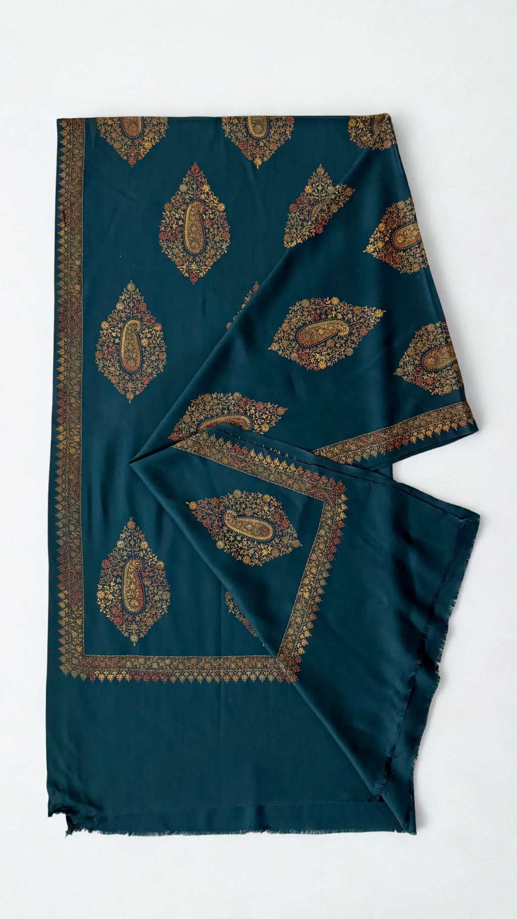 Kashmiri Pashmina fully embroidered shawl in peacock blue