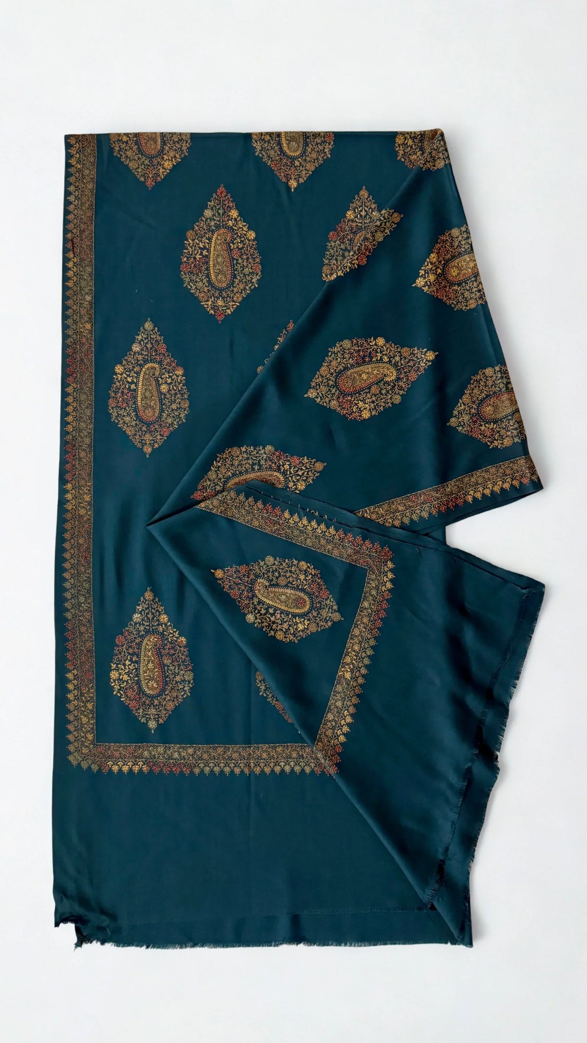 Kashmiri Pashmina fully embroidered shawl in peacock blue
